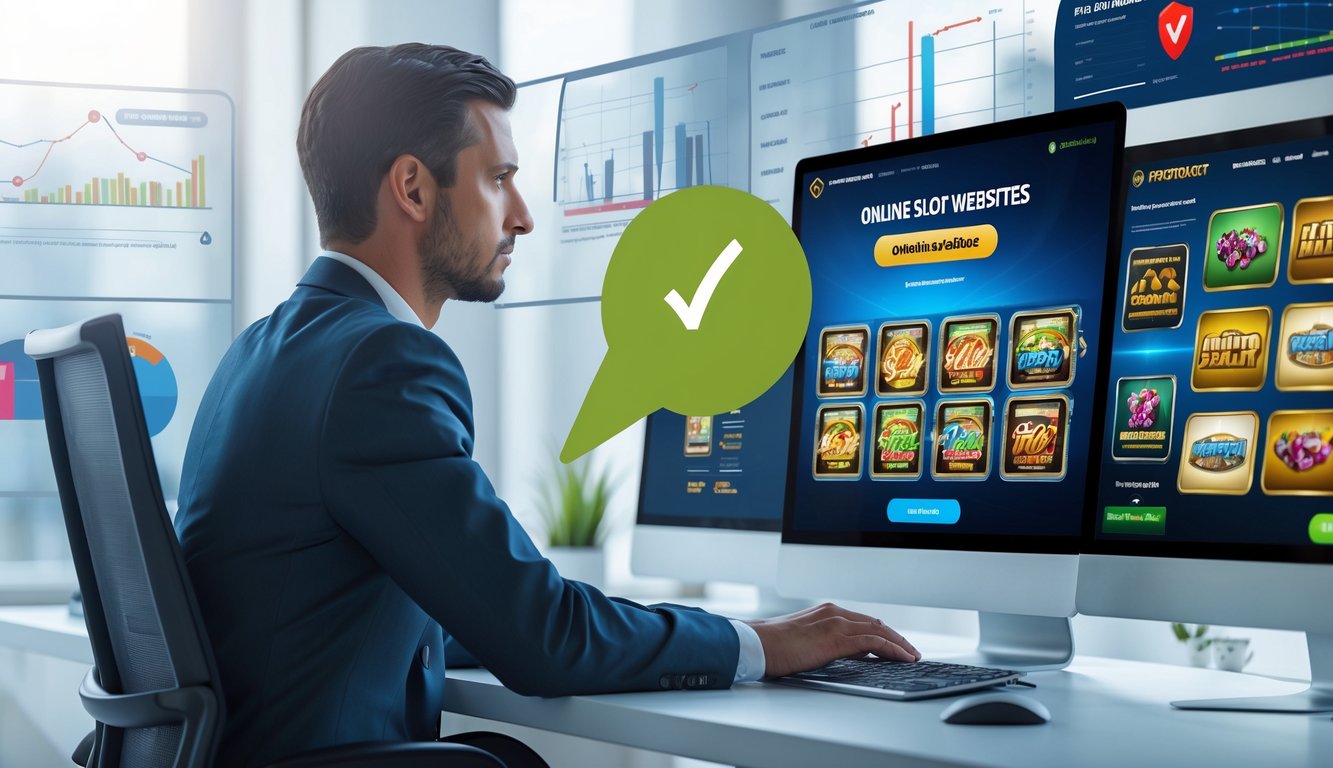 Seorang profesional duduk di meja dengan beberapa layar komputer yang menampilkan situs slot online resmi dan tidak resmi untuk perbandingan.