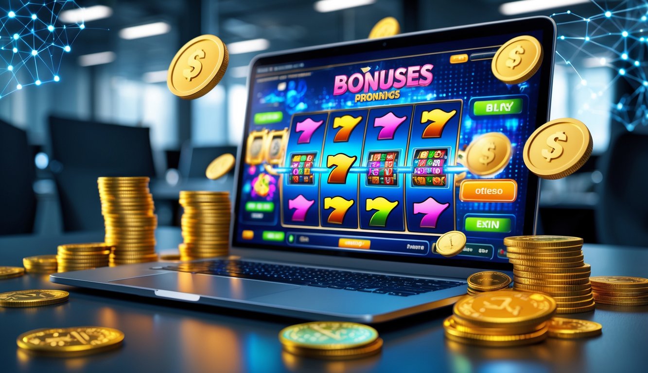 Seorang pengguna laptop dengan tampilan permainan slot online berwarna-warni dan koin emas serta chip poker di sekitarnya dalam suasana kantor modern.