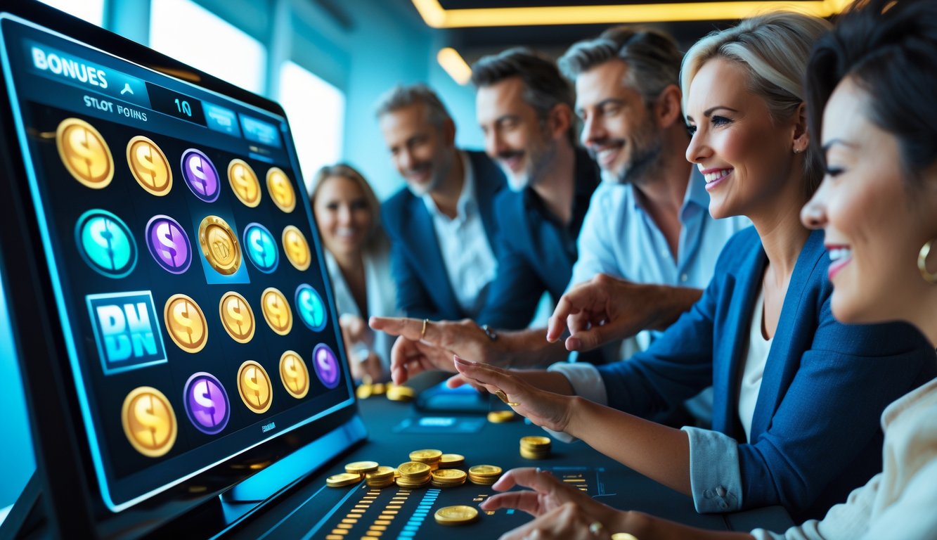 Orang-orang yang sedang menggunakan perangkat digital dengan tampilan mesin slot online dan ikon bonus serta promosi di layar.