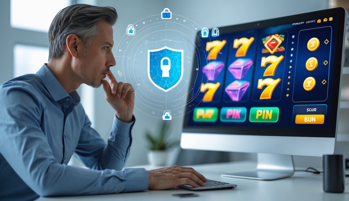 Seorang dewasa serius melihat layar komputer yang menampilkan permainan slot online dengan ikon keamanan digital di sekitarnya.
