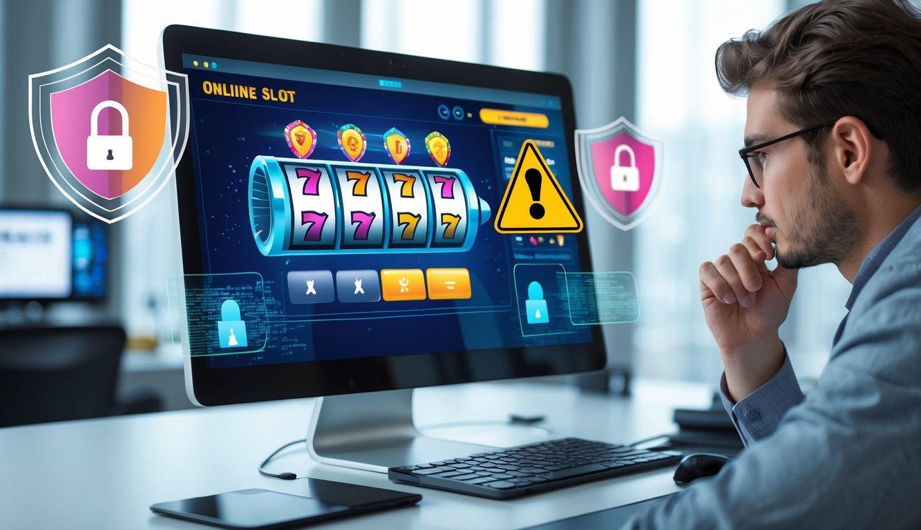Seorang pria duduk di depan laptop yang menampilkan permainan slot online dengan ikon perisai dan tanda peringatan di sekitarnya, menggambarkan risiko dan keamanan bermain slot online.