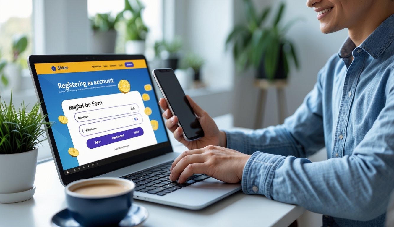 Seorang pemula sedang mendaftar akun di situs slot online menggunakan laptop di meja kerja yang rapi dengan suasana terang dan nyaman.