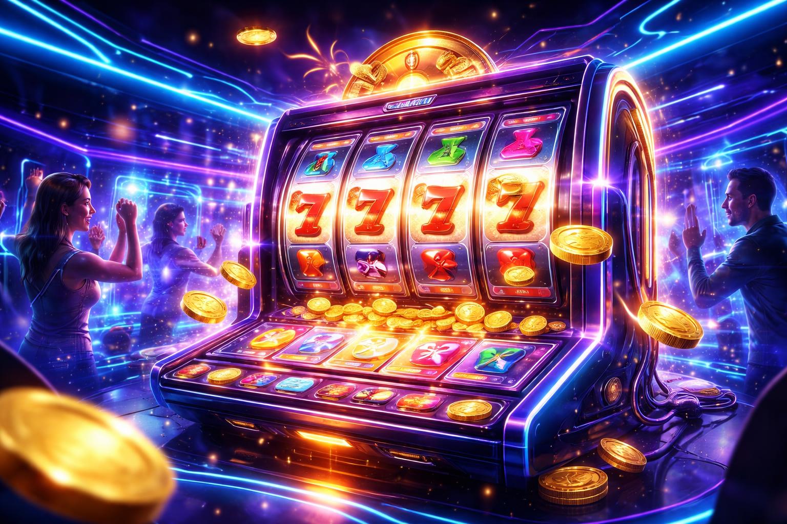 Adegan mesin slot online futuristik dengan lampu neon dan pemain virtual yang merayakan kemenangan.
