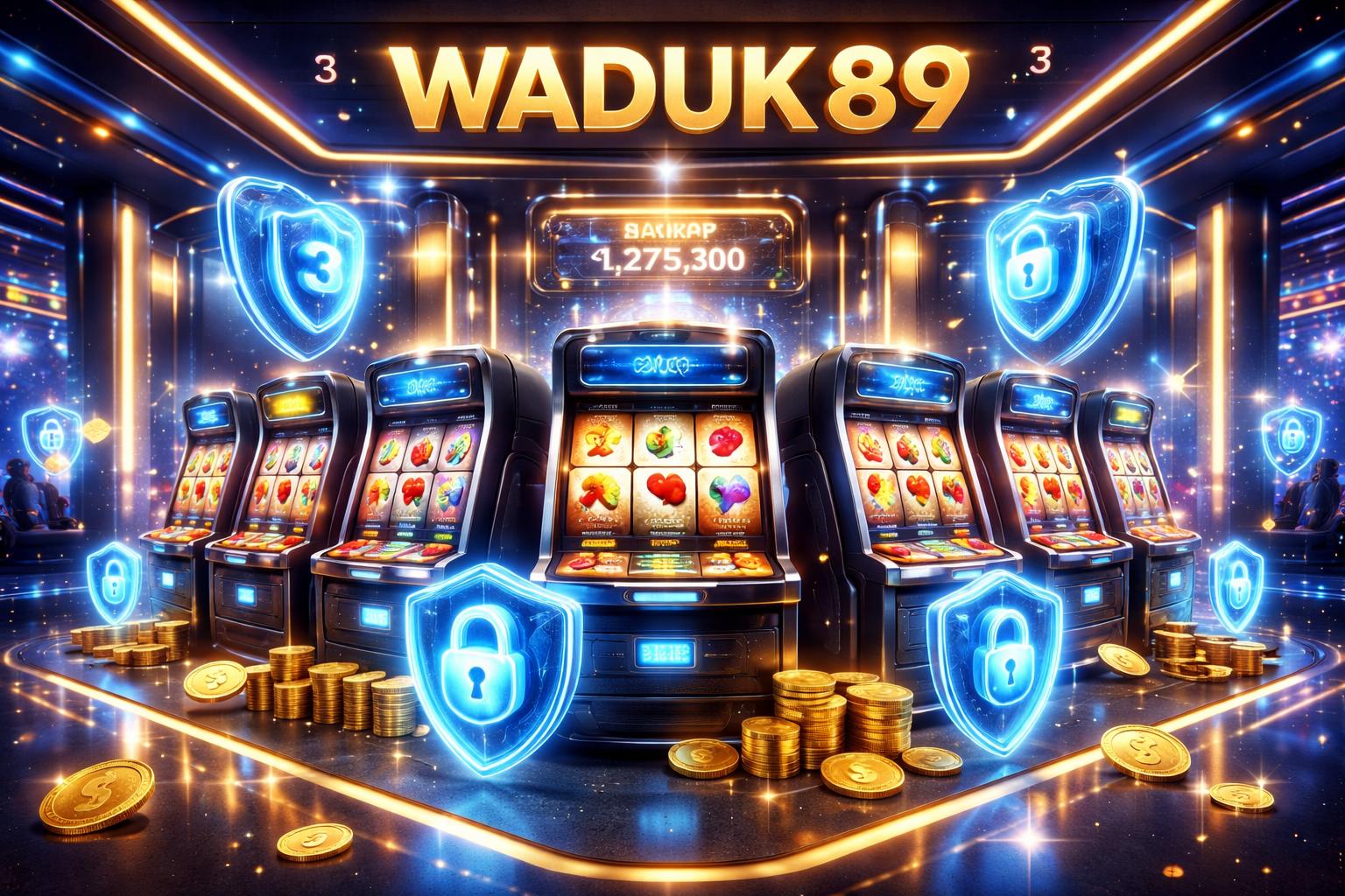 Suasana kasino modern dengan mesin slot berwarna cerah dan elemen keamanan digital di sekitarnya.