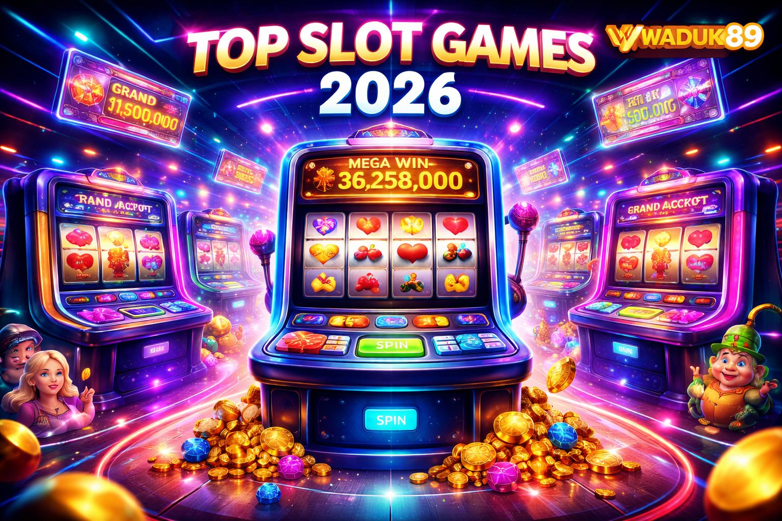 Tampilan 3D mesin slot online berwarna-warni dengan latar kasino digital futuristik yang penuh cahaya dan suasana meriah.