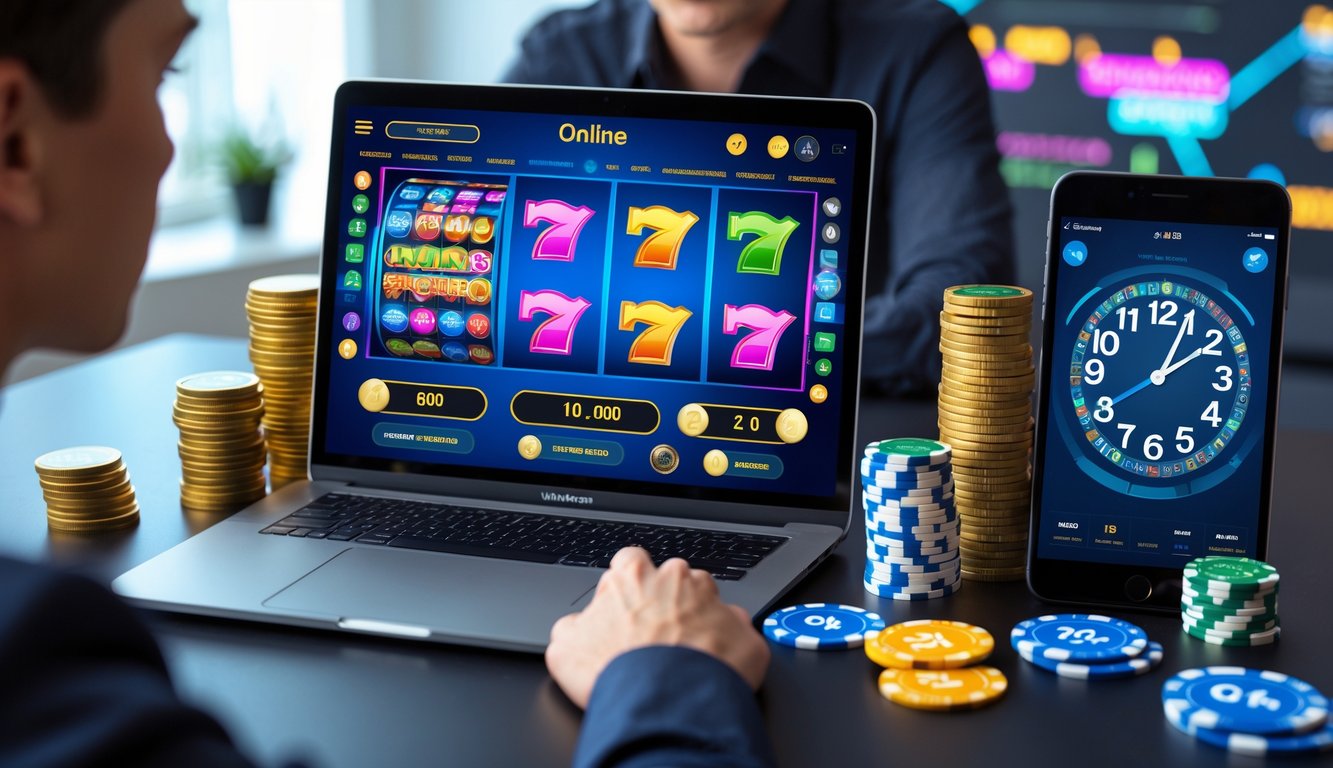 Seorang pria fokus melihat layar komputer yang menampilkan permainan slot online dengan koin dan grafik di sekitarnya.