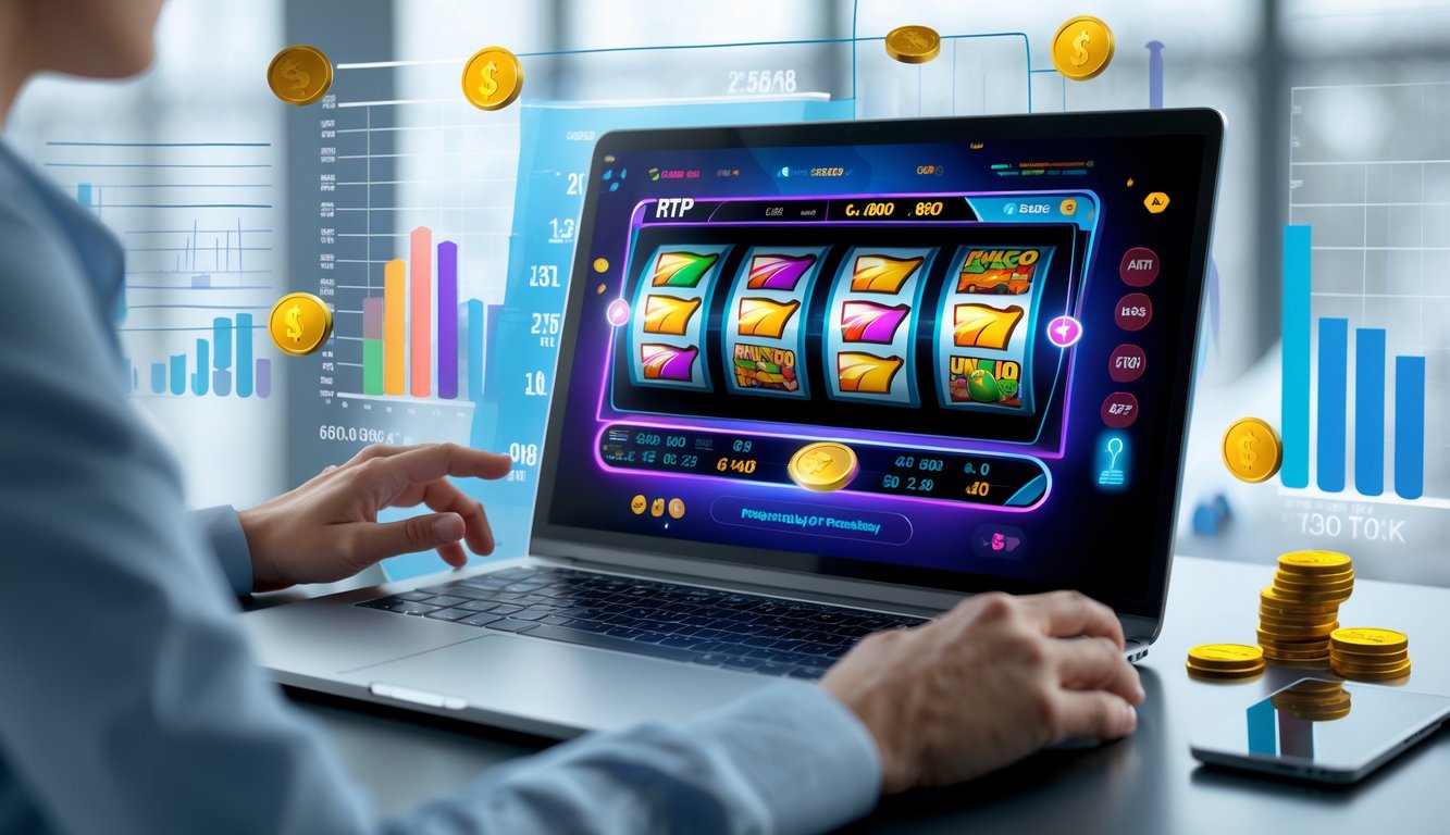Seseorang menggunakan laptop dengan tampilan permainan slot online dan grafik peluang kemenangan di sekitarnya.