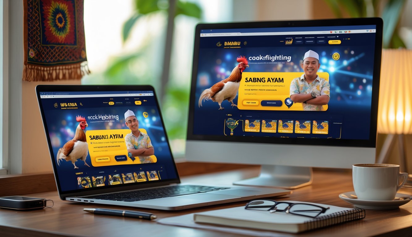 Meja kerja dengan laptop dan ponsel yang menampilkan situs taruhan sabung ayam online, dengan elemen budaya Indonesia di latar belakang dan suasana yang profesional.