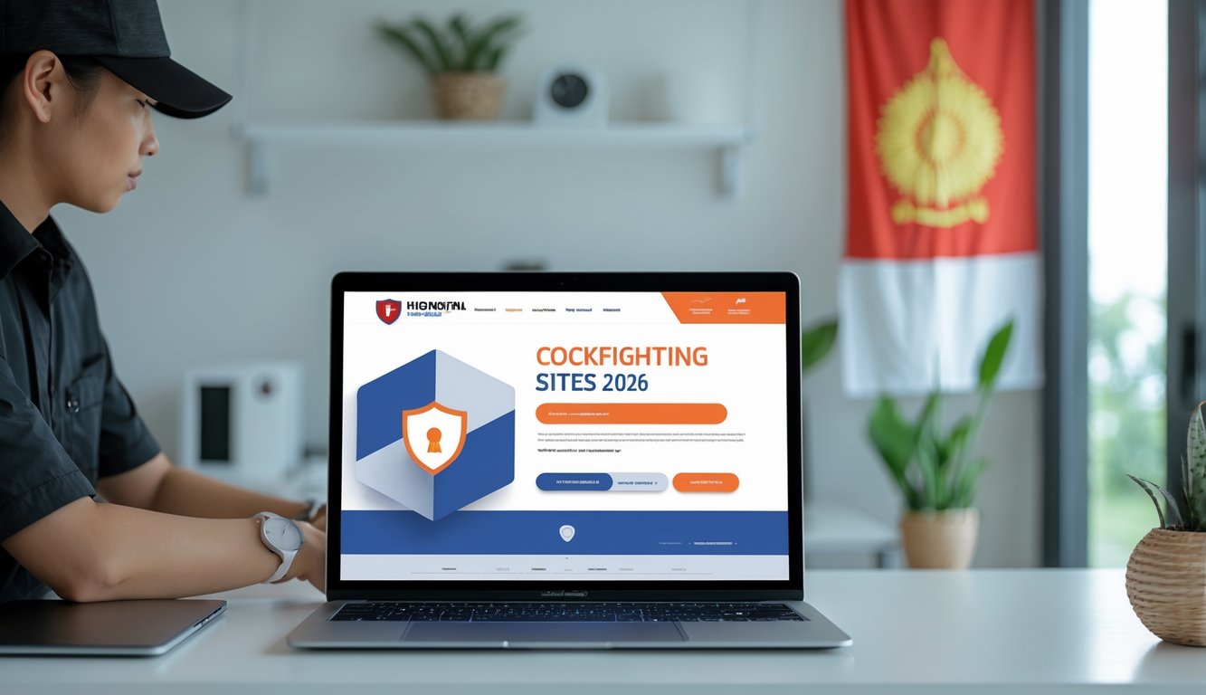 Seseorang menggunakan laptop di ruang kerja yang terang dengan ikon keamanan di layar, menggambarkan situs sabung ayam online yang aman dan terpercaya di Indonesia.