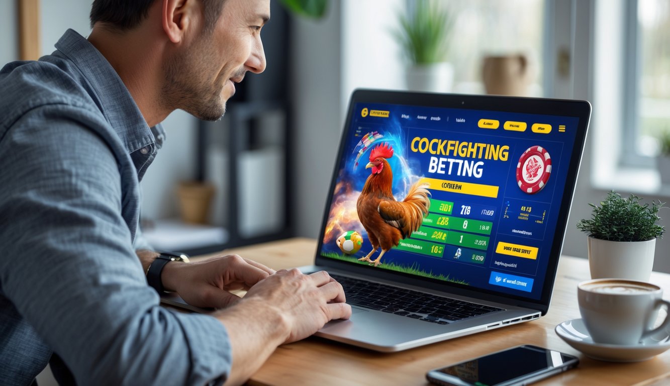 Seorang pria dewasa duduk di depan laptop di ruang kerja modern, fokus menggunakan situs judi ayam online dengan grafik warna-warni di layar.