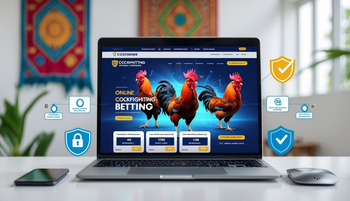 Seorang pengguna menggunakan komputer di meja kerja yang menampilkan situs sabung ayam online dengan ikon keamanan dan grafik ayam jago.