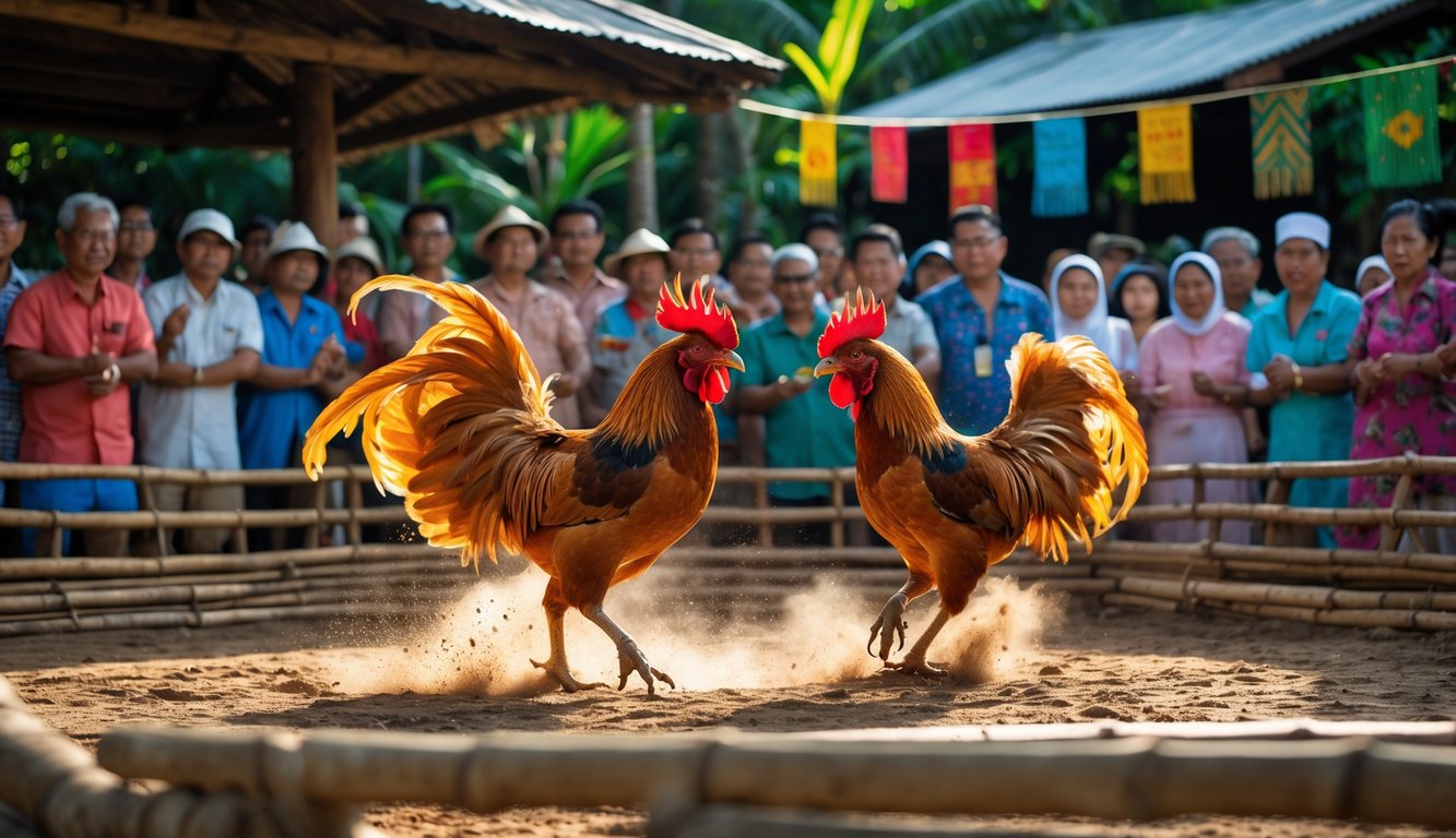 Arena sabung ayam tradisional dengan dua ayam jago bertarung di tengah-tengah dan penonton yang antusias menyaksikan.