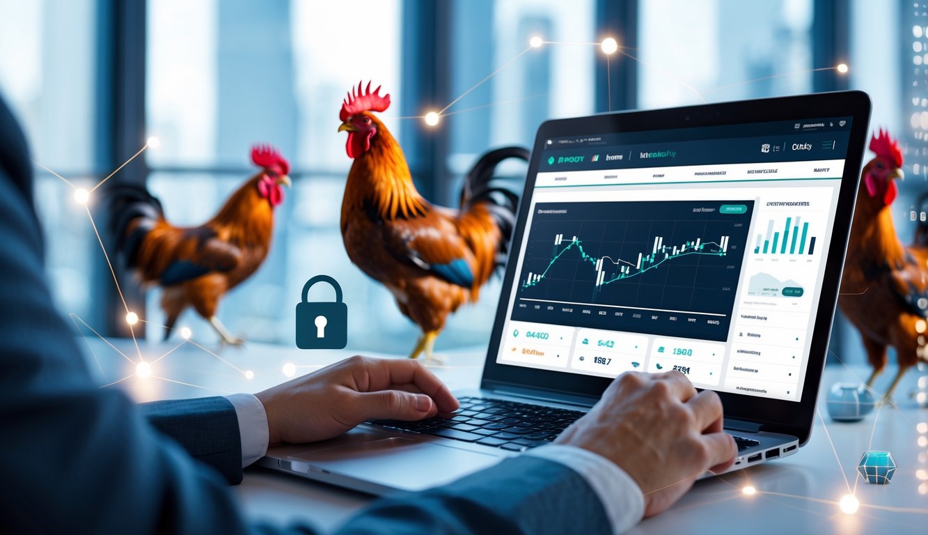 Seorang pengguna laptop di meja kerja modern dengan ikon keamanan dan gambar ayam jago di latar belakang.