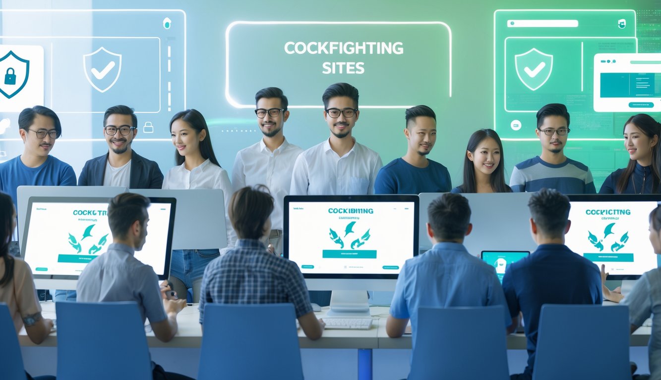 Beberapa orang menggunakan laptop dan ponsel di ruang kerja modern yang terang, fokus pada aktivitas permainan sabung ayam online dengan simbol keamanan di latar belakang.