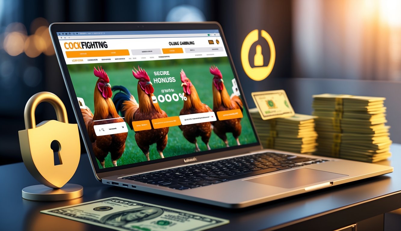 Seorang pengguna komputer dengan layar menampilkan situs taruhan sabung ayam yang aman dan menarik, dikelilingi simbol transaksi aman seperti ikon gembok digital dan kartu kredit.