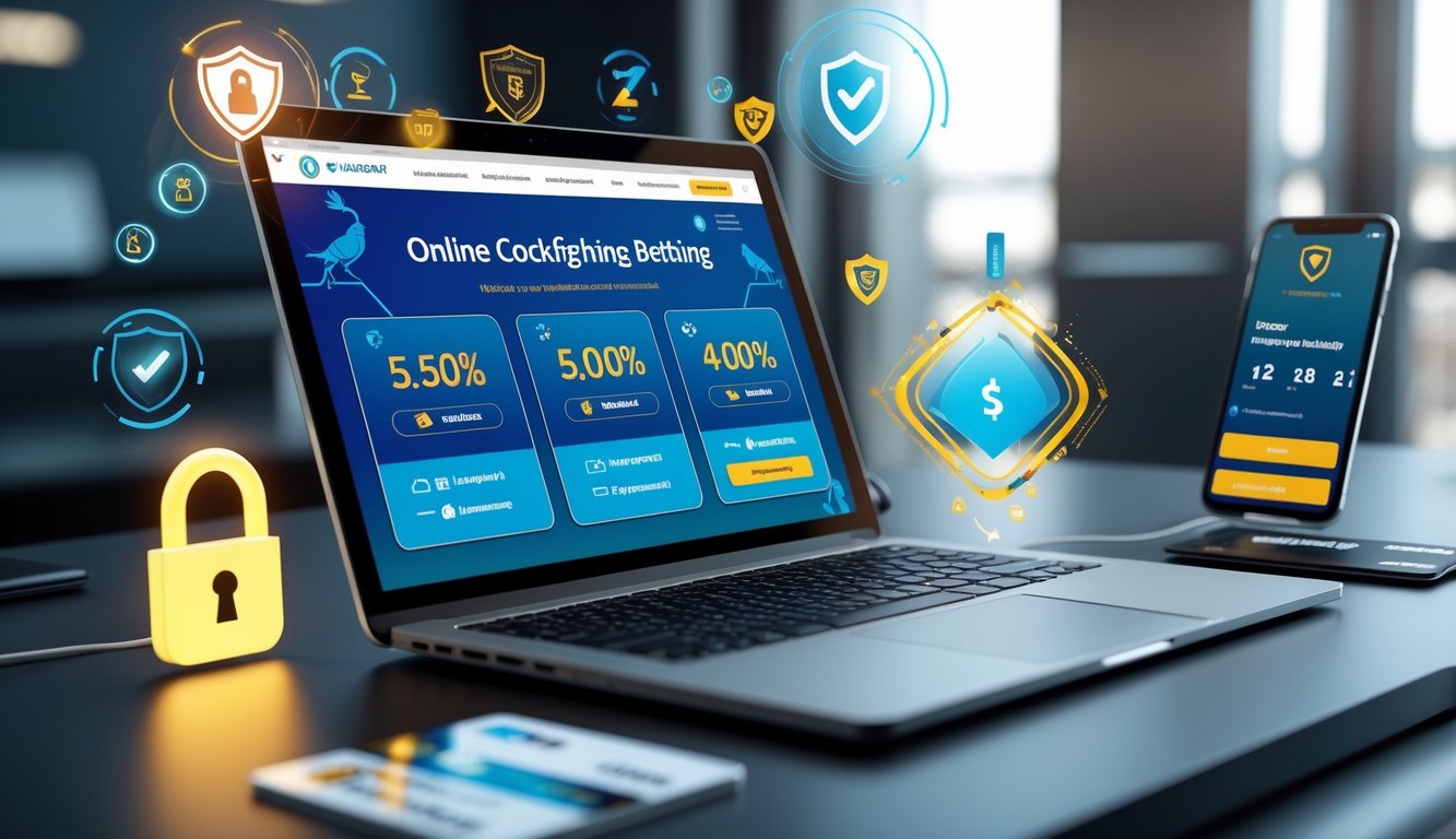 Seorang pengguna komputer dengan tampilan situs taruhan sabung ayam online yang aman dan menampilkan simbol keamanan dan bonus menarik.