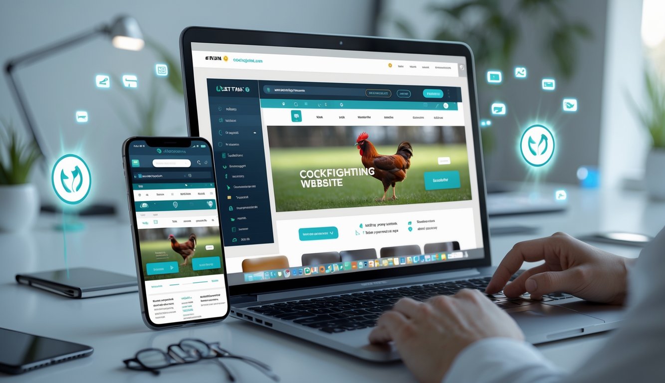 Seorang pria di meja kerja modern menggunakan laptop dan ponsel untuk mengakses situs online dengan suasana yang rapi dan terang.