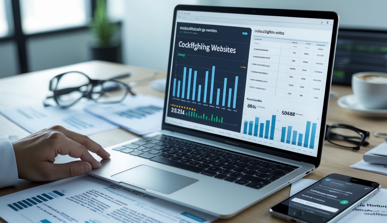 Sebuah meja kerja modern dengan laptop yang menampilkan data dan dokumen, menggambarkan proses penilaian situs sabung ayam online.
