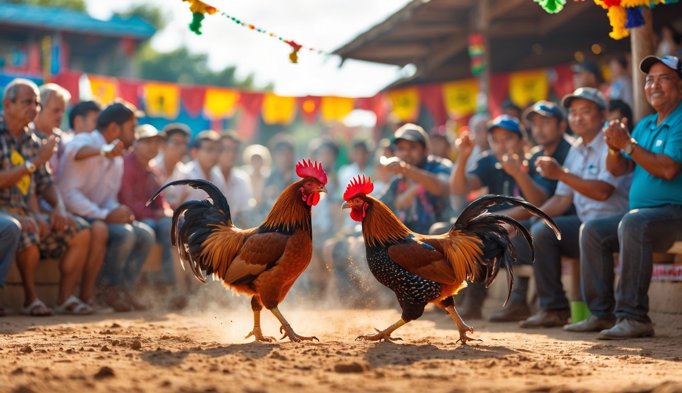 Suasana pertandingan sabung ayam tradisional dengan dua ayam beradu di arena dan penonton yang antusias menyaksikan.