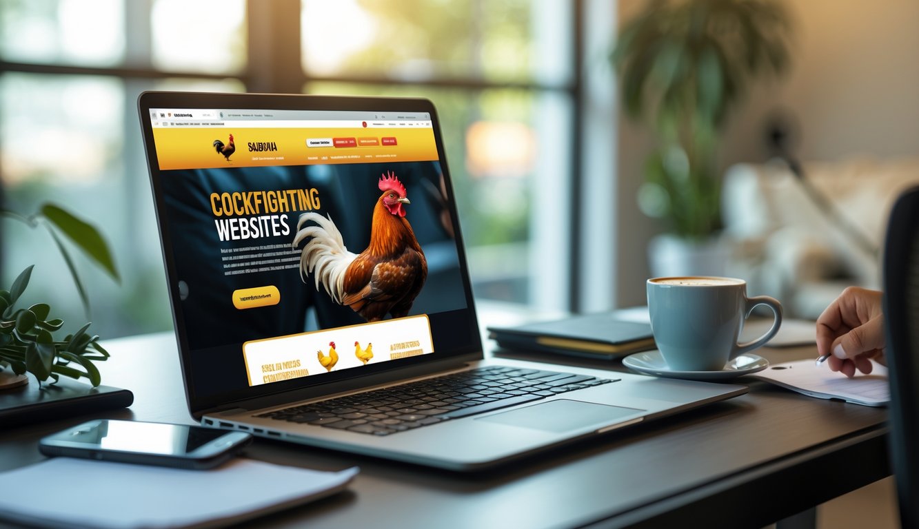 Seorang pengguna sedang bekerja di depan laptop yang menampilkan antarmuka situs permainan sabung ayam, dengan suasana ruangan yang terang dan nyaman.