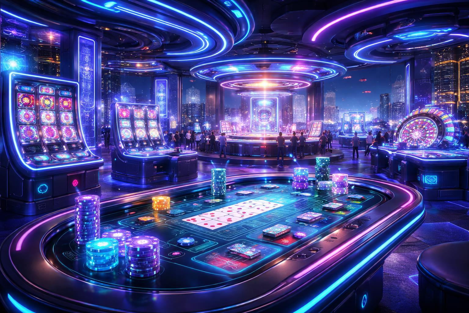 Interior kasino online futuristik dengan mesin slot holografik dan meja kartu digital di tahun 2026.