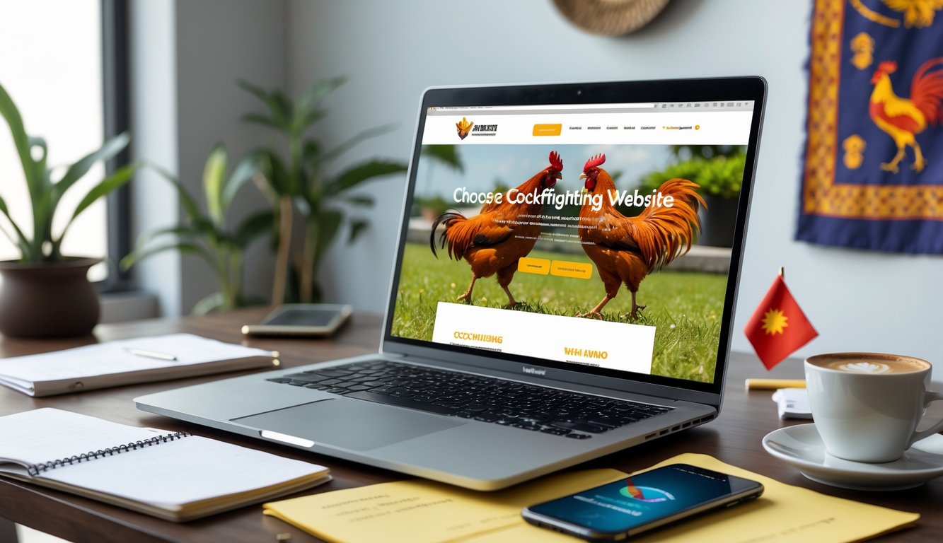 Seorang pria duduk di depan laptop yang menampilkan situs sabung ayam, dengan catatan dan ponsel di meja, di latar belakang terdapat hiasan batik dan suasana ruangan yang rapi.