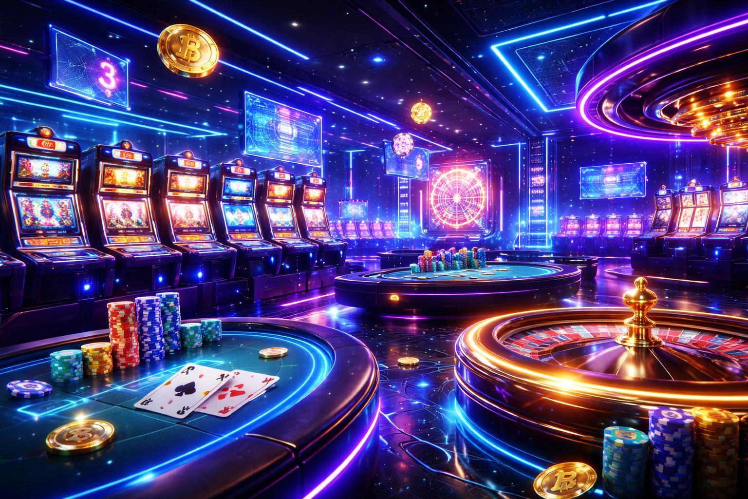 Suasana kasino online dengan mesin slot, meja poker, dan roda roulette yang menyala, dikelilingi oleh layar holografik dan chip digital yang melayang.