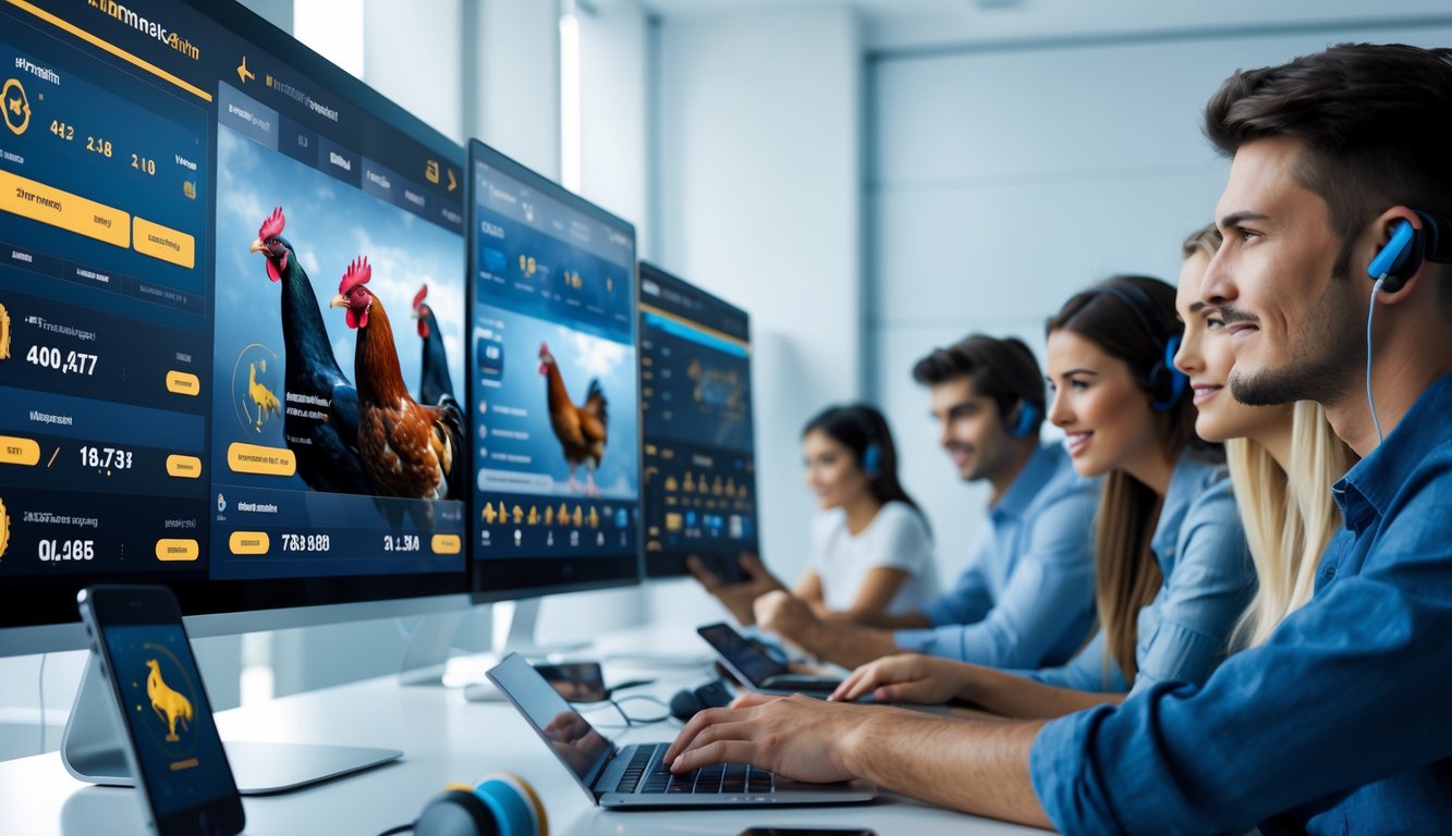 Sekelompok orang menggunakan komputer dan perangkat digital untuk memasang taruhan pada pertandingan sabung ayam secara online.