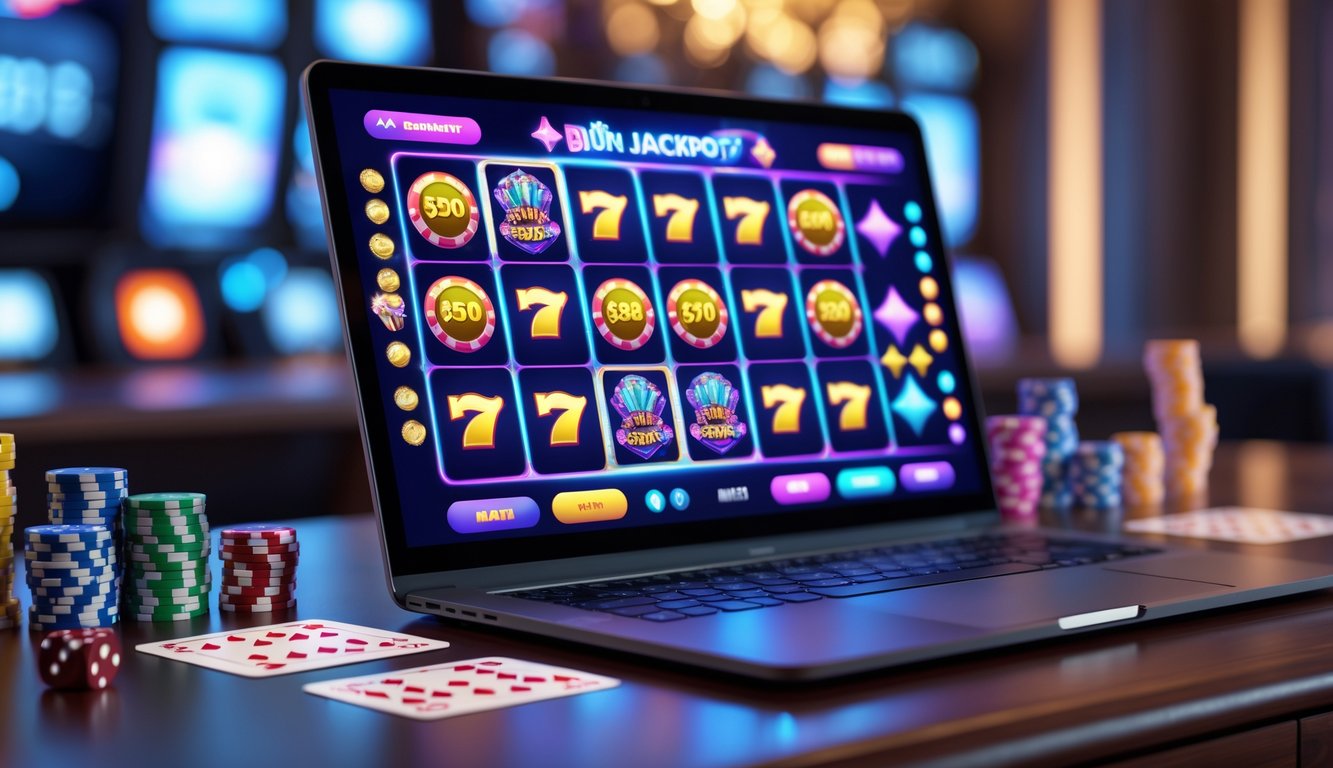 Suasana kasino online dengan layar komputer menampilkan permainan slot berwarna cerah dan elemen kasino seperti chip dan kartu di atas meja kayu.