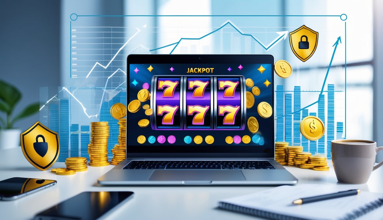 Seorang profesional di depan laptop yang menampilkan permainan slot online dengan simbol jackpot, di meja kerja yang rapi dengan elemen keamanan seperti ikon gembok dan sertifikat kepercayaan.