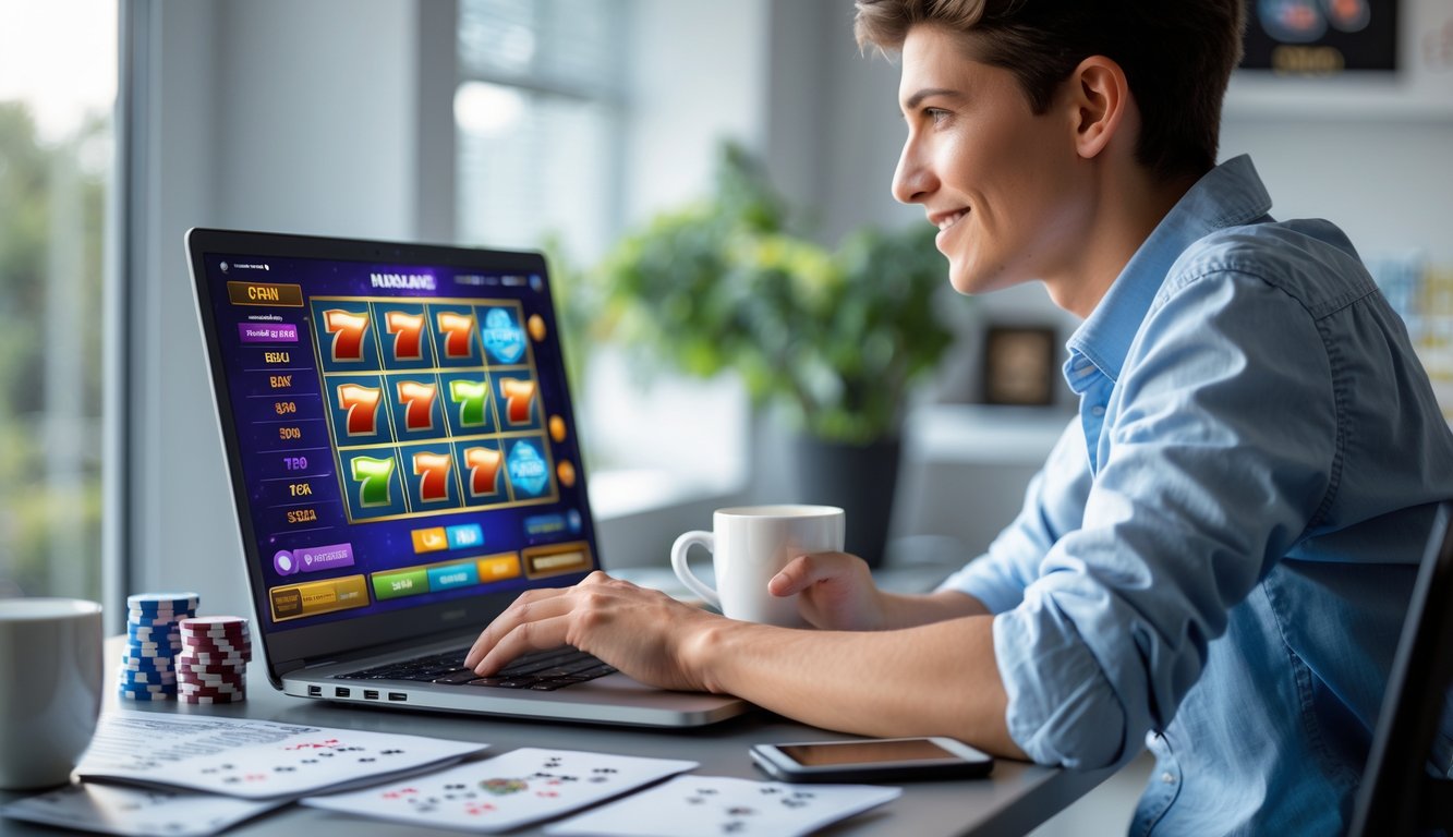Seseorang duduk di meja dengan laptop yang menampilkan permainan slot online, terlihat fokus dan santai di ruang kerja rumah.