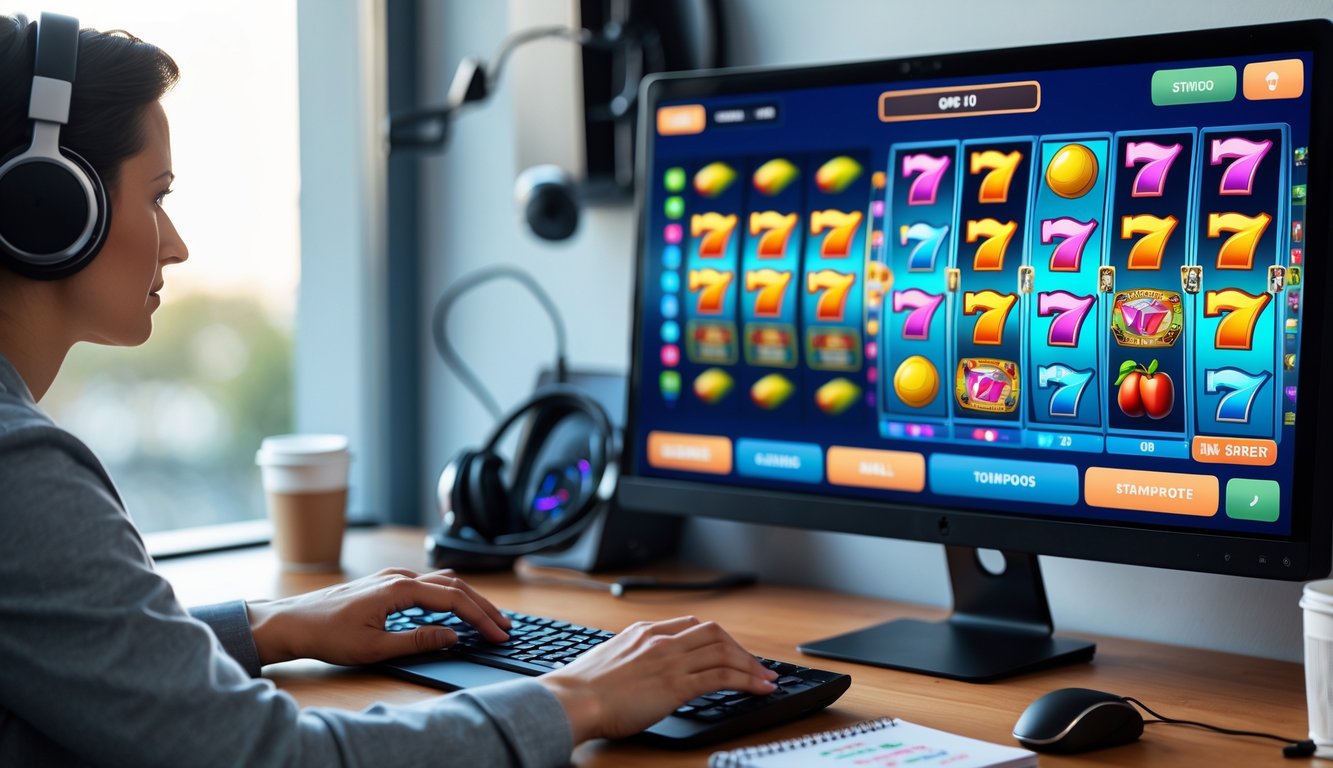Seseorang duduk di depan komputer dengan layar menampilkan permainan mesin slot online, terlihat fokus dan sedang bermain.