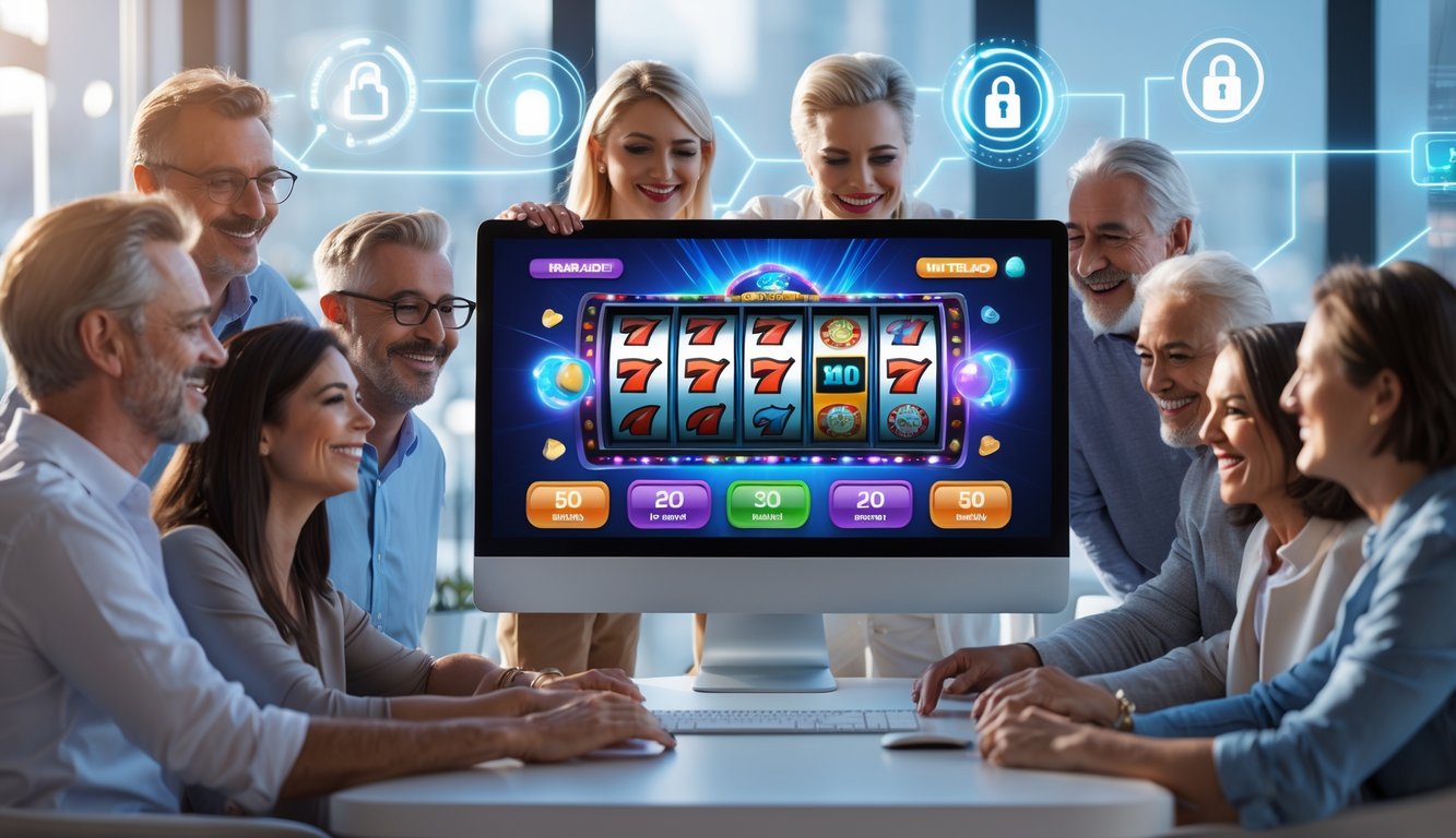 Sekelompok orang sedang bermain slot online di komputer dengan simbol keamanan dan pembayaran cepat di latar belakang.