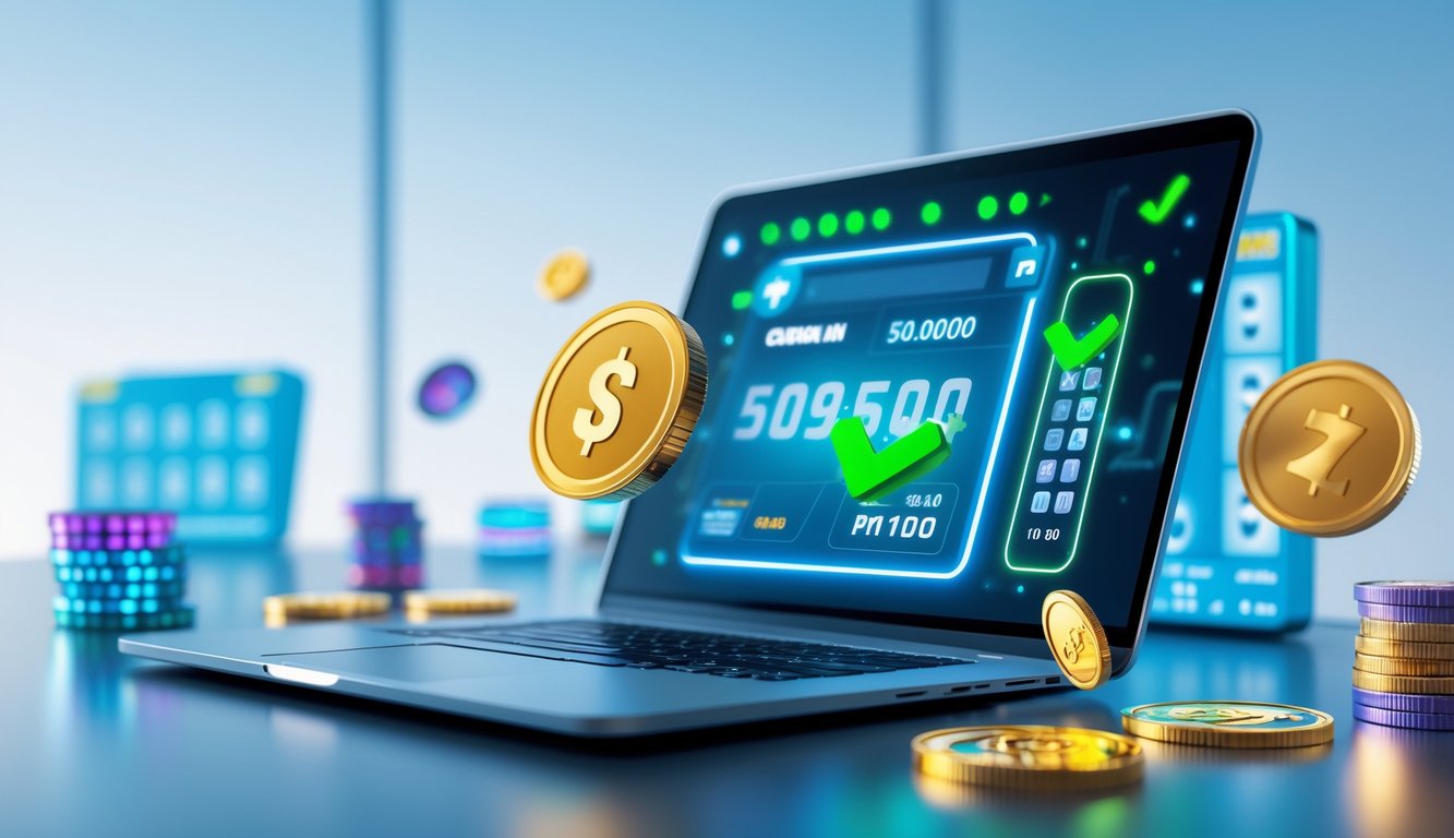 Meja kerja modern dengan laptop yang menampilkan konfirmasi pembayaran digital dan ikon permainan slot serta simbol keamanan di sekitarnya.