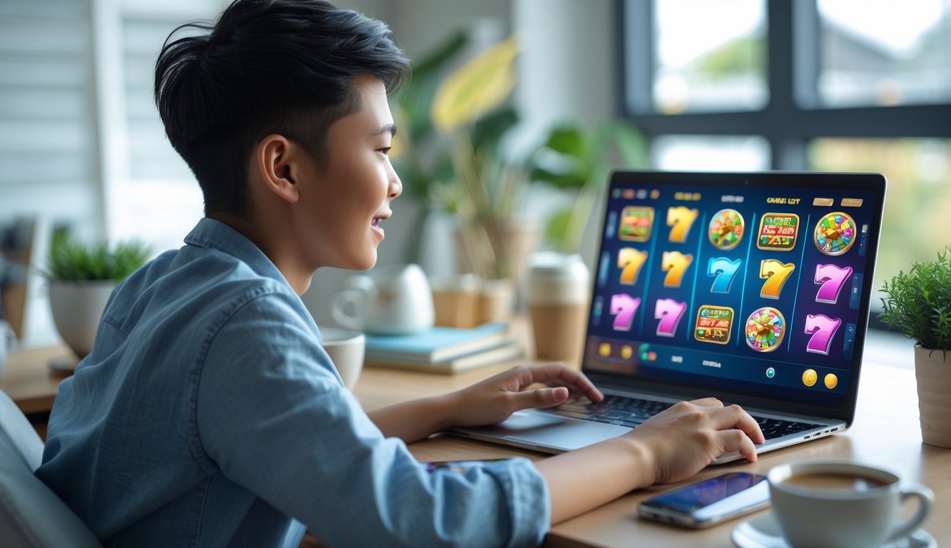 Seorang pemuda Indonesia sedang bermain permainan slot online di laptop di ruang kerja rumah yang nyaman.