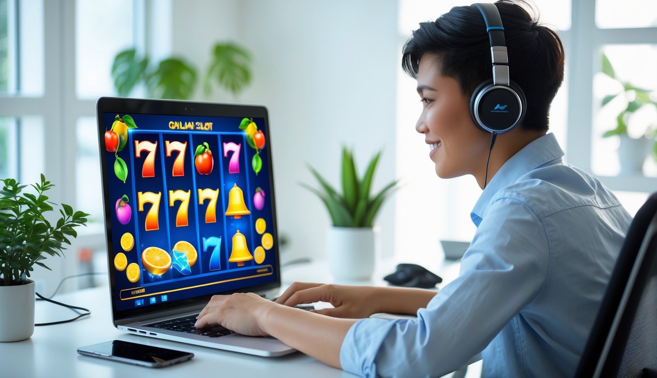 Seorang pemuda Indonesia duduk di meja dengan laptop bermain permainan slot online, terlihat fokus dan senang, di ruang kerja rumah yang terang dan rapi.