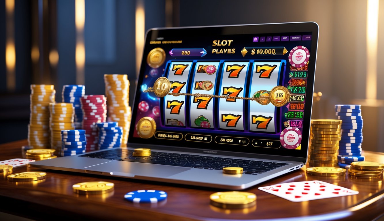 Seorang pria menggunakan laptop dengan layar menampilkan permainan slot online yang berwarna-warni, di atas meja kayu dengan chip poker dan koin emas di sekitarnya.