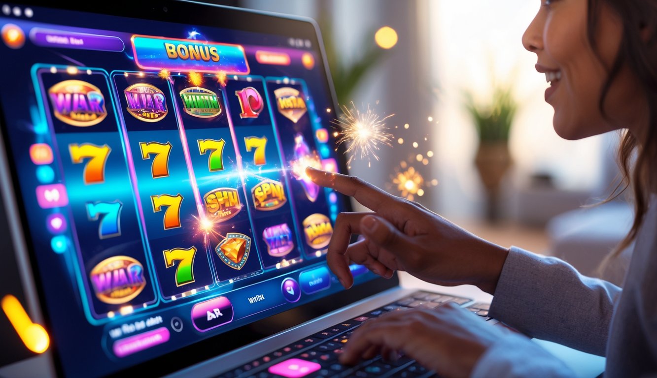 Seseorang sedang bermain mesin slot online modern dengan layar penuh warna dan latar belakang ruangan yang nyaman.