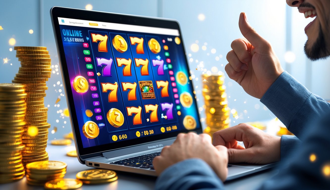 Seorang pemain sedang menggunakan komputer dengan layar menampilkan mesin slot online berwarna-warni dan tumpukan koin emas di sekitarnya.