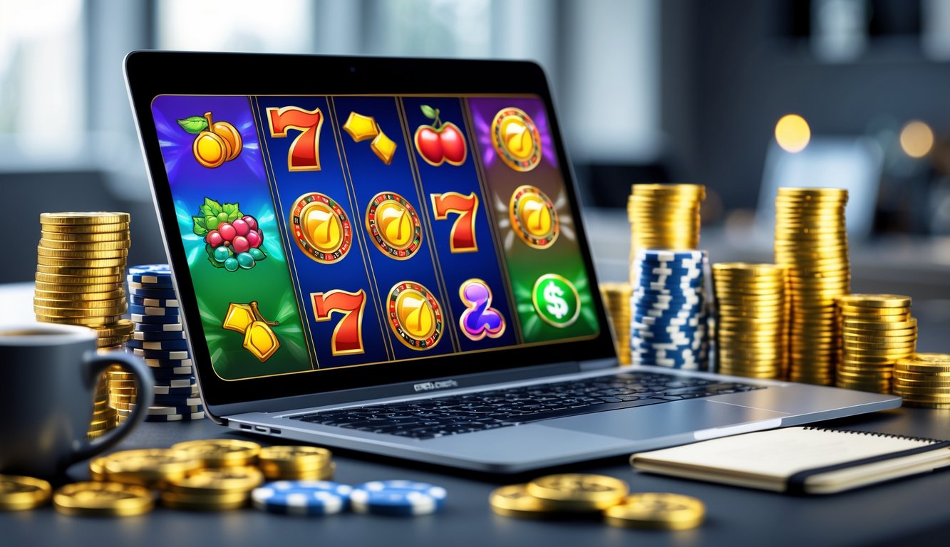 Seorang pemain menggunakan laptop dengan layar menampilkan permainan slot online yang penuh warna, dikelilingi oleh tumpukan chip kasino dan koin emas di meja kerja yang rapi.