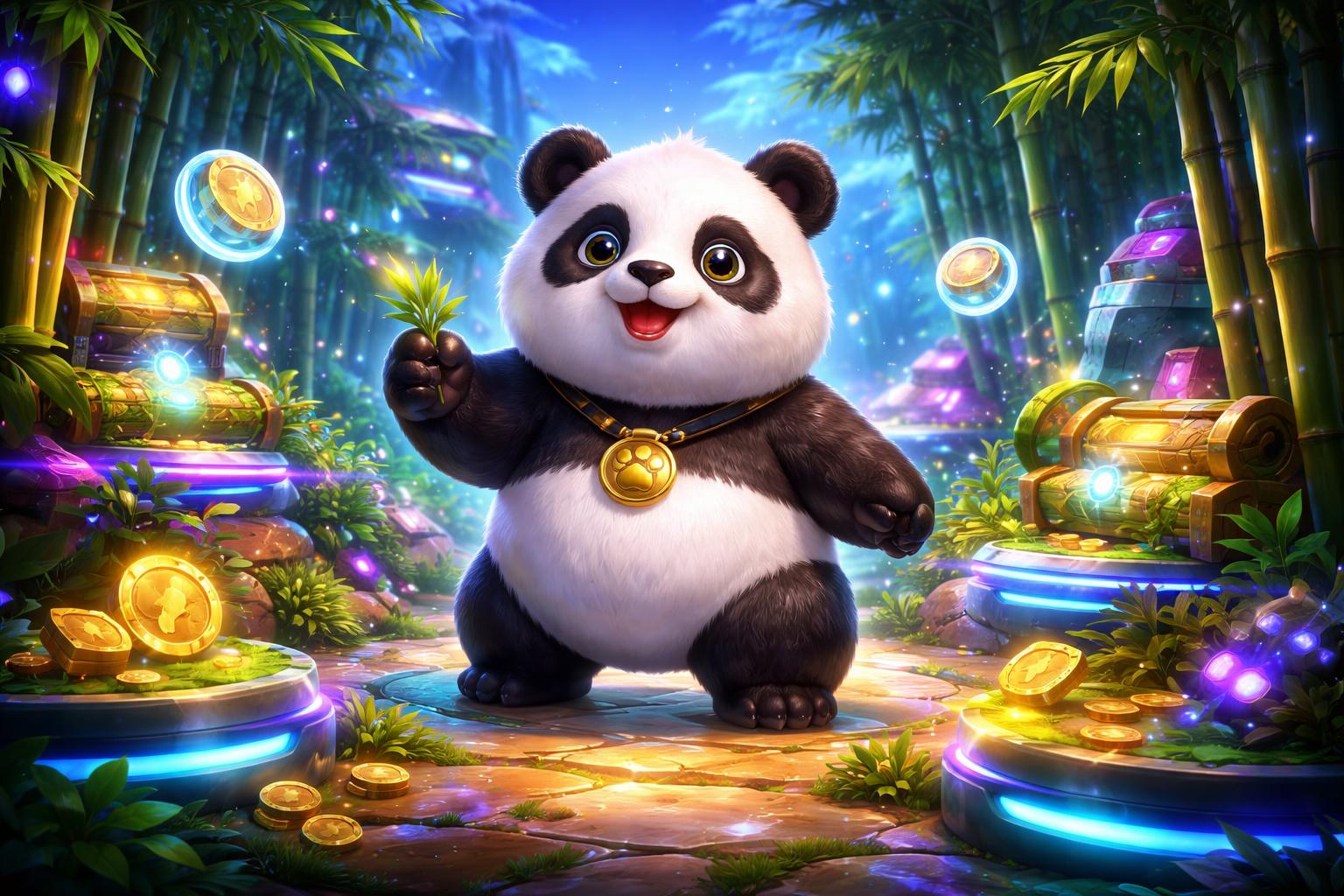Seekor panda gemuk berdiri di tengah hutan bambu yang rimbun dengan elemen permainan futuristik di sekitarnya.