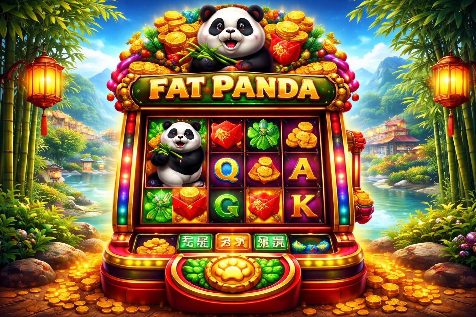 Mesin slot dengan tema panda gemuk di lingkungan kasino dengan simbol keberuntungan dan tanaman bambu di latar belakang.