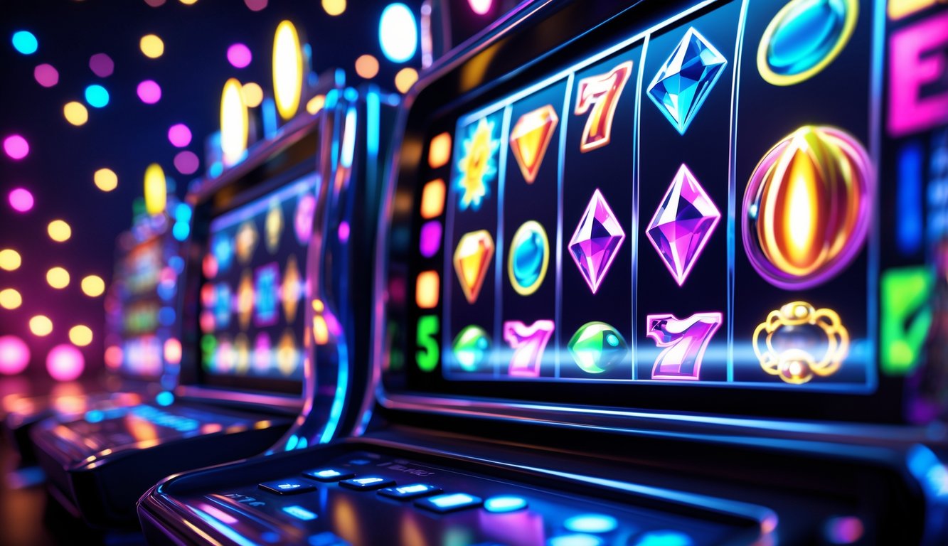 Tampilan mesin slot online dengan simbol warna-warni dan latar belakang gelap bercahaya.