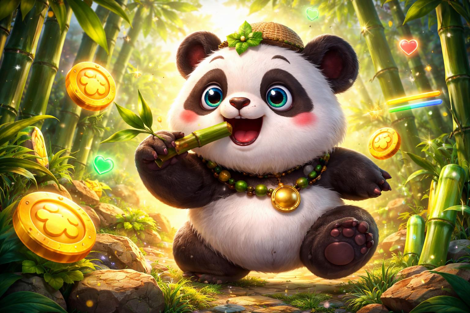 Seekor panda gemuk yang ceria berada di tengah hutan bambu yang rimbun dengan koin emas dan token mengambang di sekitarnya.