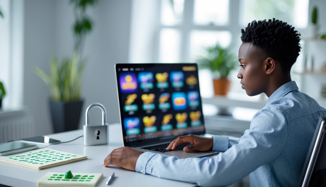 Seseorang sedang menggunakan laptop di meja kerja dengan suasana ruang yang terang dan rapi, menunjukkan aktivitas memilih situs slot online yang aman.