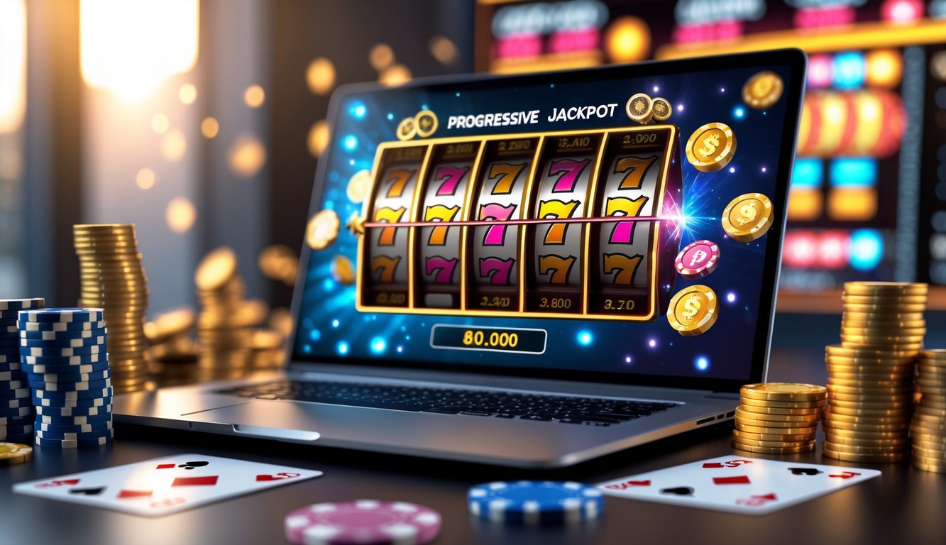 Layar komputer dengan permainan slot online menampilkan simbol jackpot dan koin emas, dikelilingi oleh tumpukan chip poker dan kartu remi.