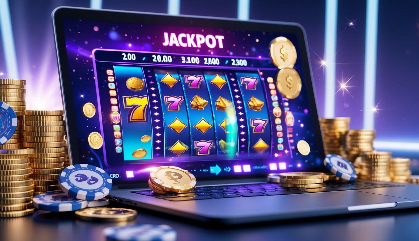 Sebuah komputer menampilkan permainan slot online dengan simbol koin emas dan chip poker di sekitarnya.