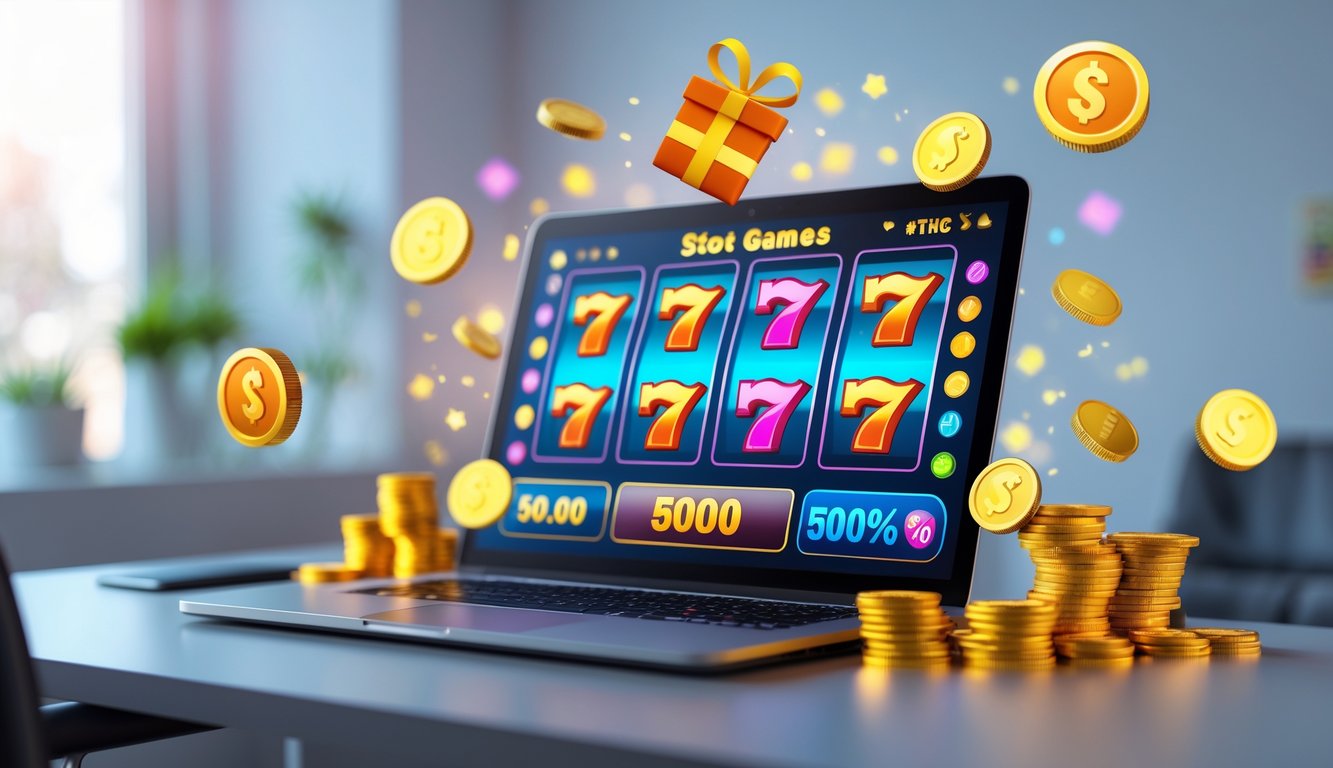 Seorang pemain menggunakan komputer dengan layar menampilkan permainan slot online berwarna cerah di meja kerja yang rapi dan terang.