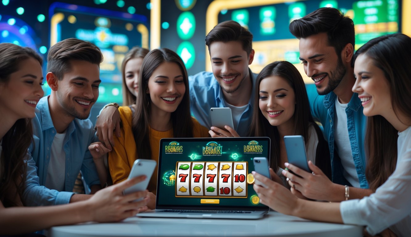 Sekelompok orang muda yang bahagia sedang menggunakan laptop dan ponsel untuk bermain permainan slot online dengan suasana yang cerah dan menarik.