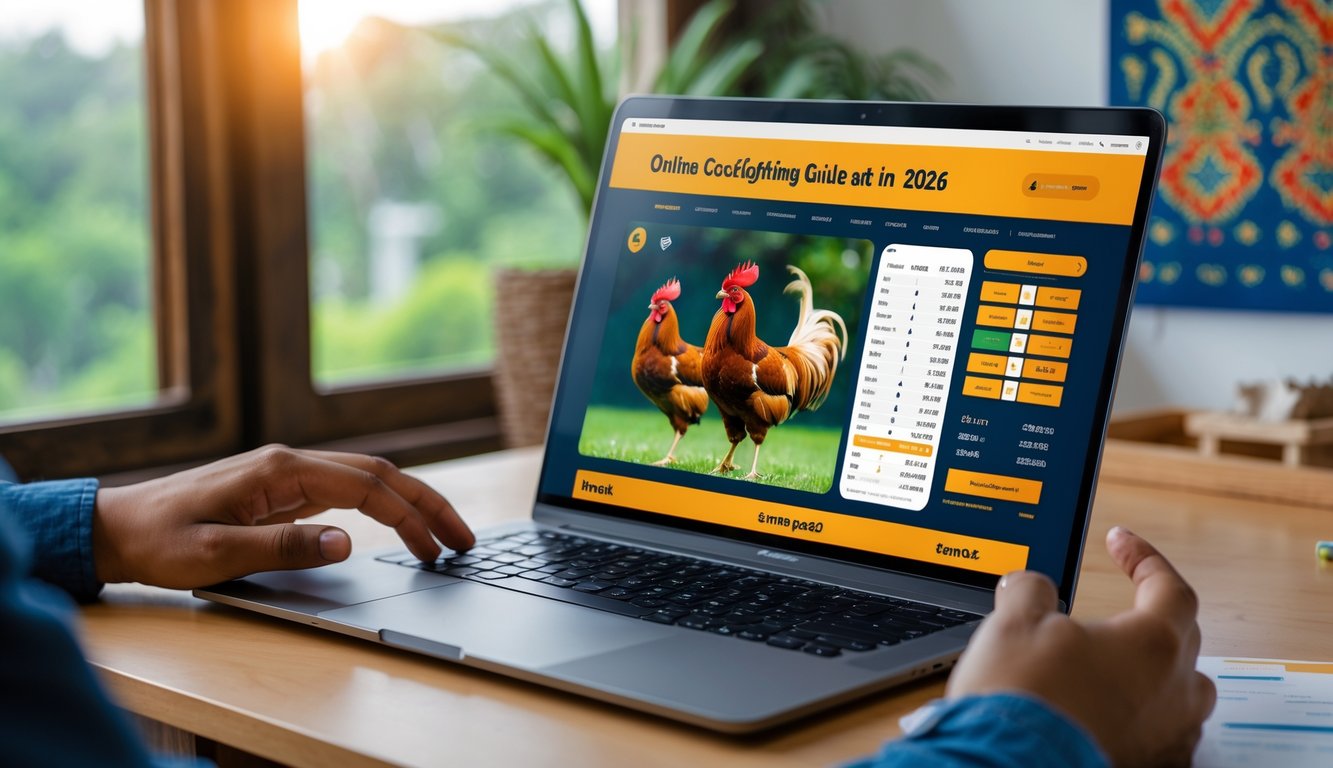 Seseorang menggunakan laptop di meja kerja dengan tampilan situs web sabung ayam online yang terpercaya, dikelilingi elemen budaya Indonesia.